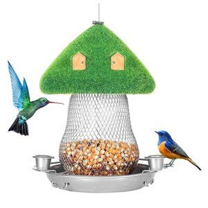 Lg - Solar Powered - Metal Bird Feeder w/ Green Thatched Roof Style